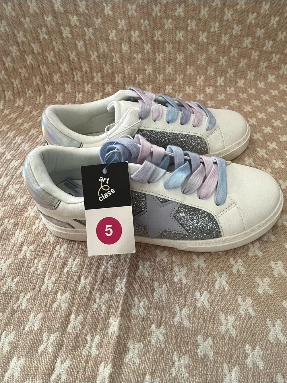 art class White Sneakers with Pastel Blue and Pastel Purple Accents